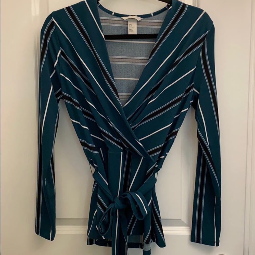 H&M Green Stripe Long Sleeve Tie Top